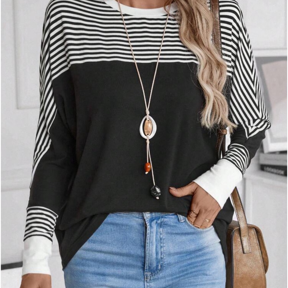 Black and white striped long sleeve T shirt - small